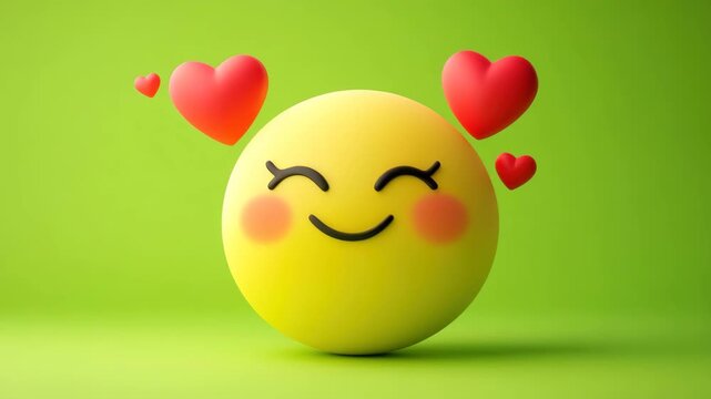 3d rendering of a happy blushing yellow emoji face surrounded by floating red hearts against a vibrant lime green background 4k video