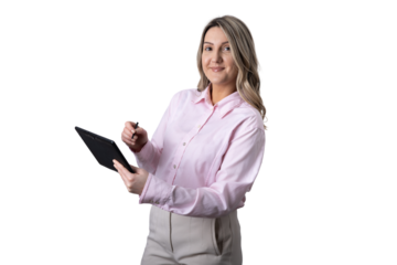 Businesswoman using digital tablet with stylus smiling