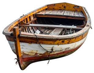 Weathered wooden rowboat with a white, orange, and red stripe along the hull, against a pure white background