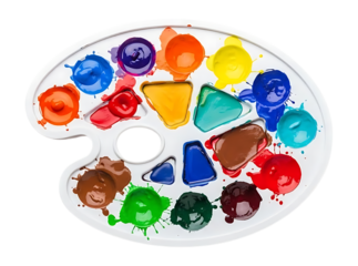 White paint palette with colorful wet paint blobs isolated on a transparent background
