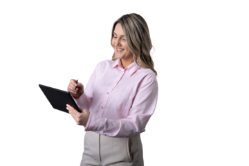 Happy woman using digital tablet with stylus