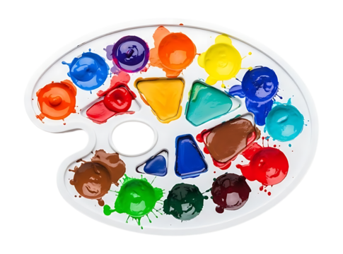 White paint palette with colorful wet paint blobs isolated on a transparent background