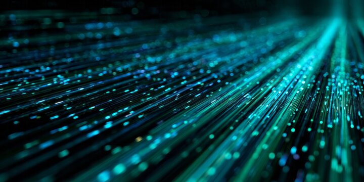 Brilliant turquoise light streaks flow rapidly across a dark digital landscape