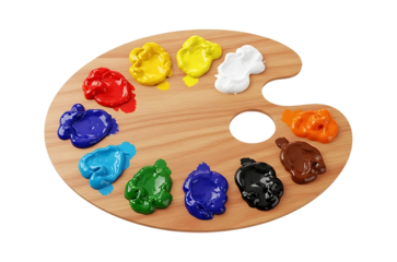 Wooden artist palette with colorful paint blobs isolated on a transparent background