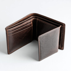 Open brown leather wallet lying on white background representing lack of money and poverty.