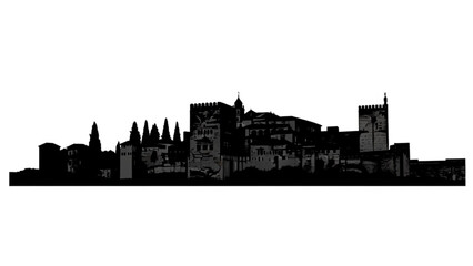 Silhouette of a castle and buildings with trees in the background against a white sky landscape view