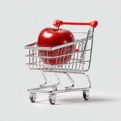Red apple inside miniature shopping cart representing food inflation and grocery costs.
