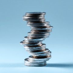 Unstable column of stacked coins representing financial risk and economic volatility.