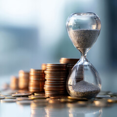 Hourglass standing next to increasing stacks of gold coins, concept of compound interest and financial growth.