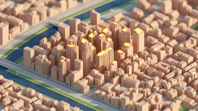 Abstract 3D rendering of a miniature city with glowing downtown buildings, symbolizing a smart city network and urban data - Powered by Adobe