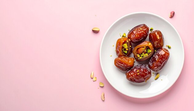 Ramadan dessert dates stuffed with almonds and pistachios, minimalist background, aesthetic food composition