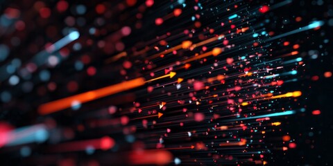 Dynamic luminous particles and streaks move rapidly across a dark background in an abstract composition.