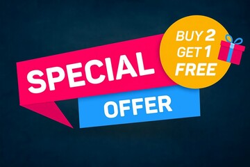 Bright red and blue banner announcing a special offer with a yellow circle promoting buy two get one free deal