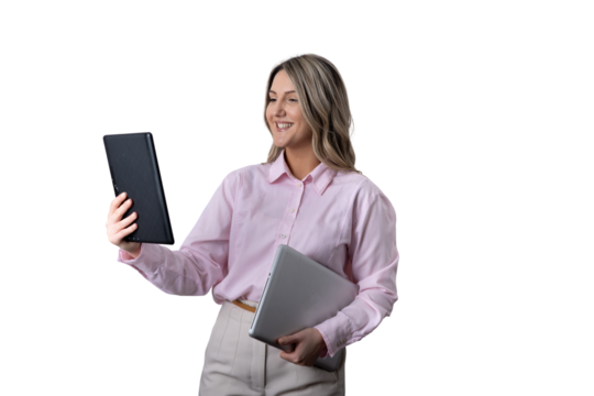 Professional woman smiling holding tablet and laptop communicating - Powered by Adobe