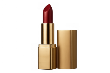 Red lipstick tube with golden case and cap open, reflecting light, for beauty and cosmetic concepts on transparent background