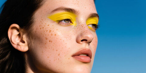 Ritratto volto di giovane donna dai capelli scuri, occhi grigi con contorno occhi giallo, uno sfondo azzurro