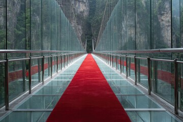 Red carpet spans glass-bottomed bridge over a valley