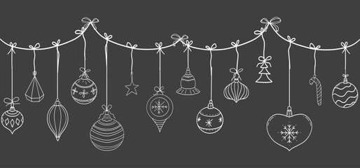 Christmas garland hanging balls, stars snowflakes sketch elements decorating for the Christmas and New Year chalk on blackboard. Design element, winter border, header 