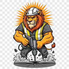 A determined lion construction worker operates a jackhammer, breaking through asphalt with force, wearing a hard hat and safety vest, radiating energy and focus on the task at hand © Hiron