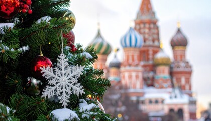 Festive Christmas tree with snow and ornaments in front of iconic Moscow landmark.