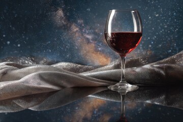 Red wine glass on reflective surface with silver fabric, starry background