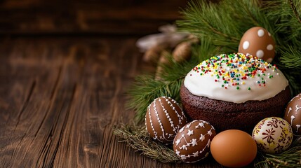 Chocolate cake adorned with colorful sprinkles and surrounded by decorated Easter eggs on a wooden table