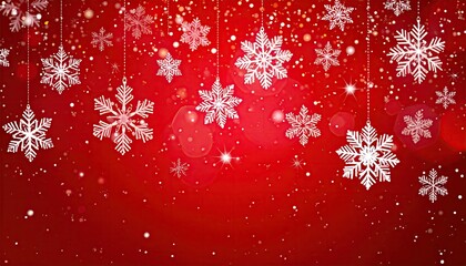 Festive Red Background with Hanging White Snowflakes and Sparkling Bokeh Lights.