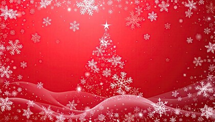 Beautiful red background with falling snowflakes and a glowing Christmas tree.