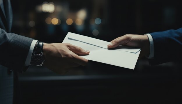 Hands of two businessmen exchanging a confidential white envelope in a dark, low-key setting, suggesting a secret deal or bribery.