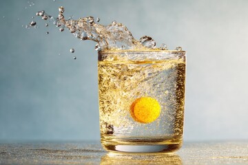 Yellow pill drops into glass of water, splashing