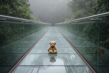 Teddy bear sits on a glass bridge in a misty forest