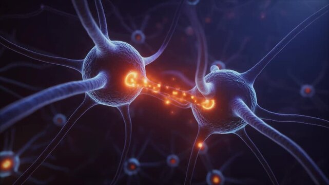 3D neural network animation with neurons sending electrical impulses, soft glowing light