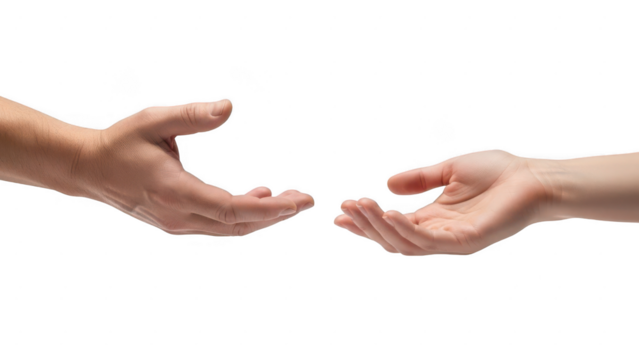 Two open hands reaching towards each other in a gesture of help or connection isolated on transparent background