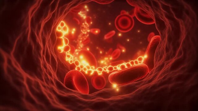 3D microscopic illustration of red blood cells flowing through a blood vessel, showing detailed vascular texture and fluid movement.