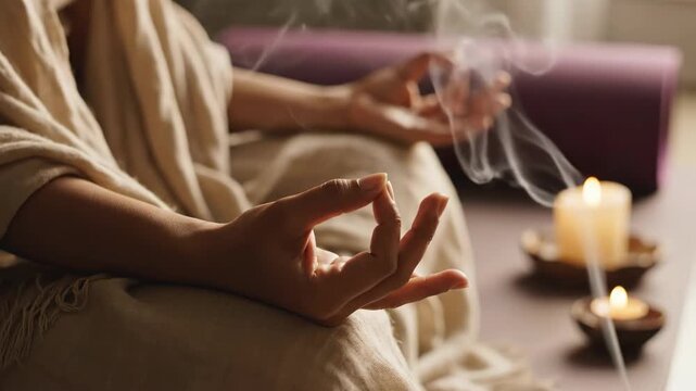 Meditative scene with person in a seated posture, hand in mudra position. Soft light creates a peaceful atmosphere. Candles. Smoke