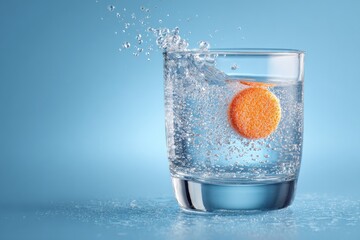 Orange effervescent tablet dissolving in water