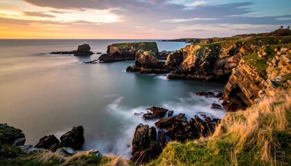 Rocky coastline at sunset; sea, cliffs and grass create a beautiful scenic landscape during golden hour