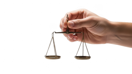 Hand holding a small brass balance scale symbolizing justice and fairness isolated on transparent background