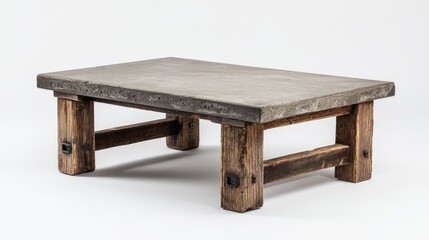 Gray concrete top coffee table with rustic wooden legs