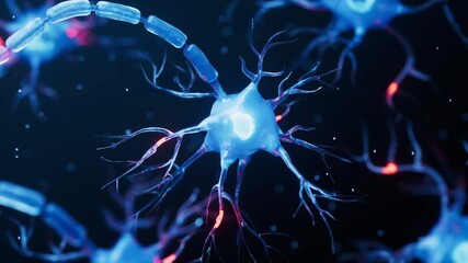 3D medical animation of a glowing neuron with axon signals and branching dendrites, representing brain activity and neural communication. - Powered by Adobe
