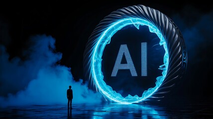 Futuristic glowing ai portal with man silhouette