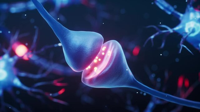 3D illustration of neurons communicating through a synapse, showing glowing neurotransmitters and detailed nerve cell structure in a microscopic neural network.