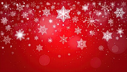 Elegant white snowflakes drift across a rich red background with soft glowing bokeh lights.