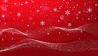 Festive Red Christmas Background with Falling Snowflakes and Glittering Ribbons.
