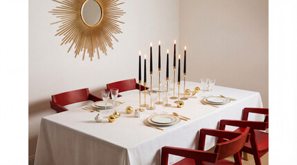 Festive dining table decorated with red chairs, gold accents, candles, and Christmas ornaments in a cozy holiday interior