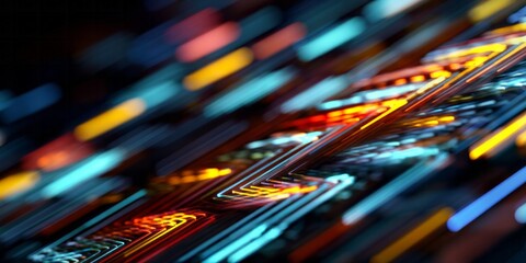 Dynamic abstract flow of luminous digital pathways creates a sense of rapid data transmission