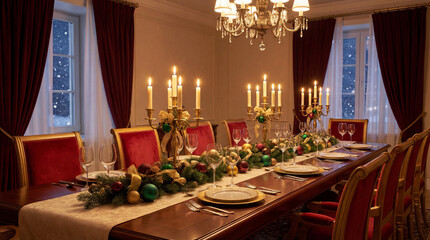 Festive dining table decorated with red chairs, gold accents, candles, and Christmas ornaments in a cozy holiday interior
