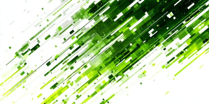Dynamic composition features vibrant green geometric shapes streaking across a white background.