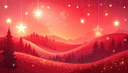 Enchanting Red Winter Landscape with Hanging Stars and Sparkling Lights.