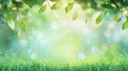 Fototapeta premium Lush green foliage drapes over a foreground of dewdrops clinging to vibrant grass blades
